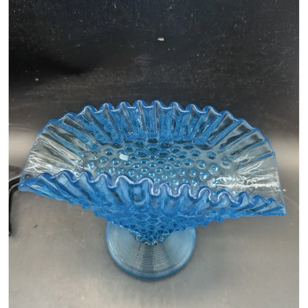 Vintage Empoli Italian Blue Hobnail Glass Fan Vase Ruffled Rim Pedestal 7